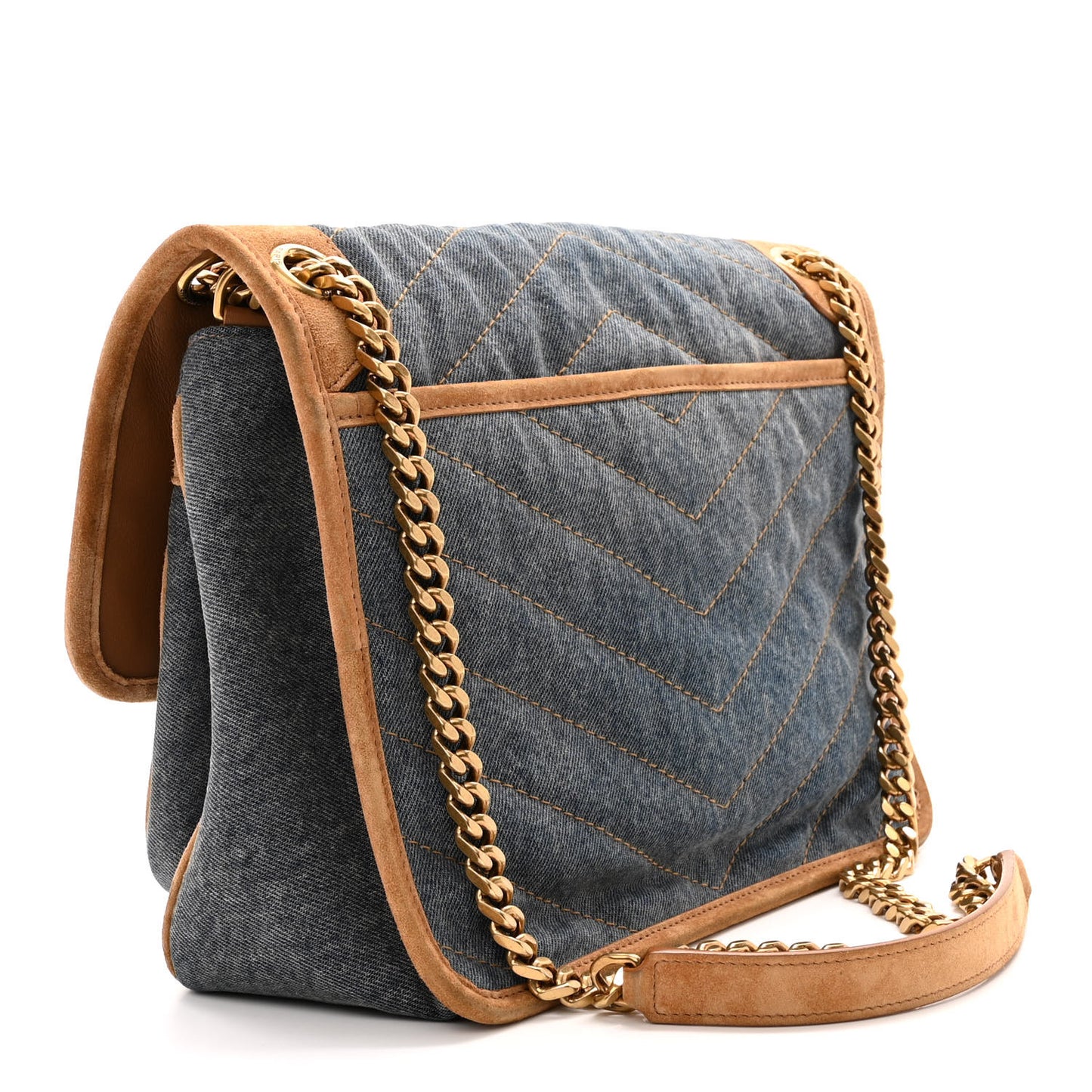 Denim Suede Monogram Medium Niki Chain Satchel Blue Cinnamon