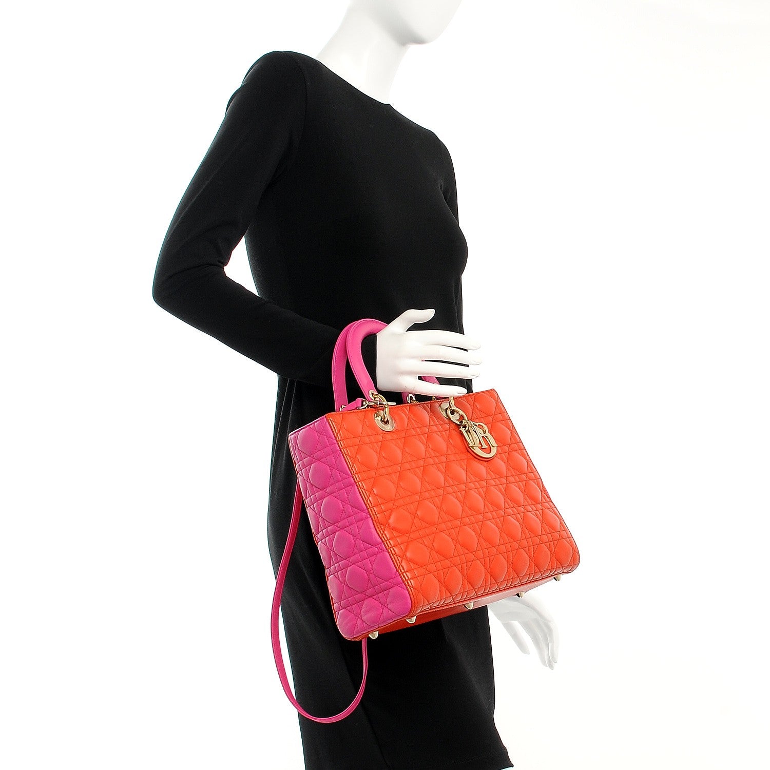 Christian Dior Lambskin Cannage Large Bi-Color Lady Dior Orange Fuchsia 2 of 13