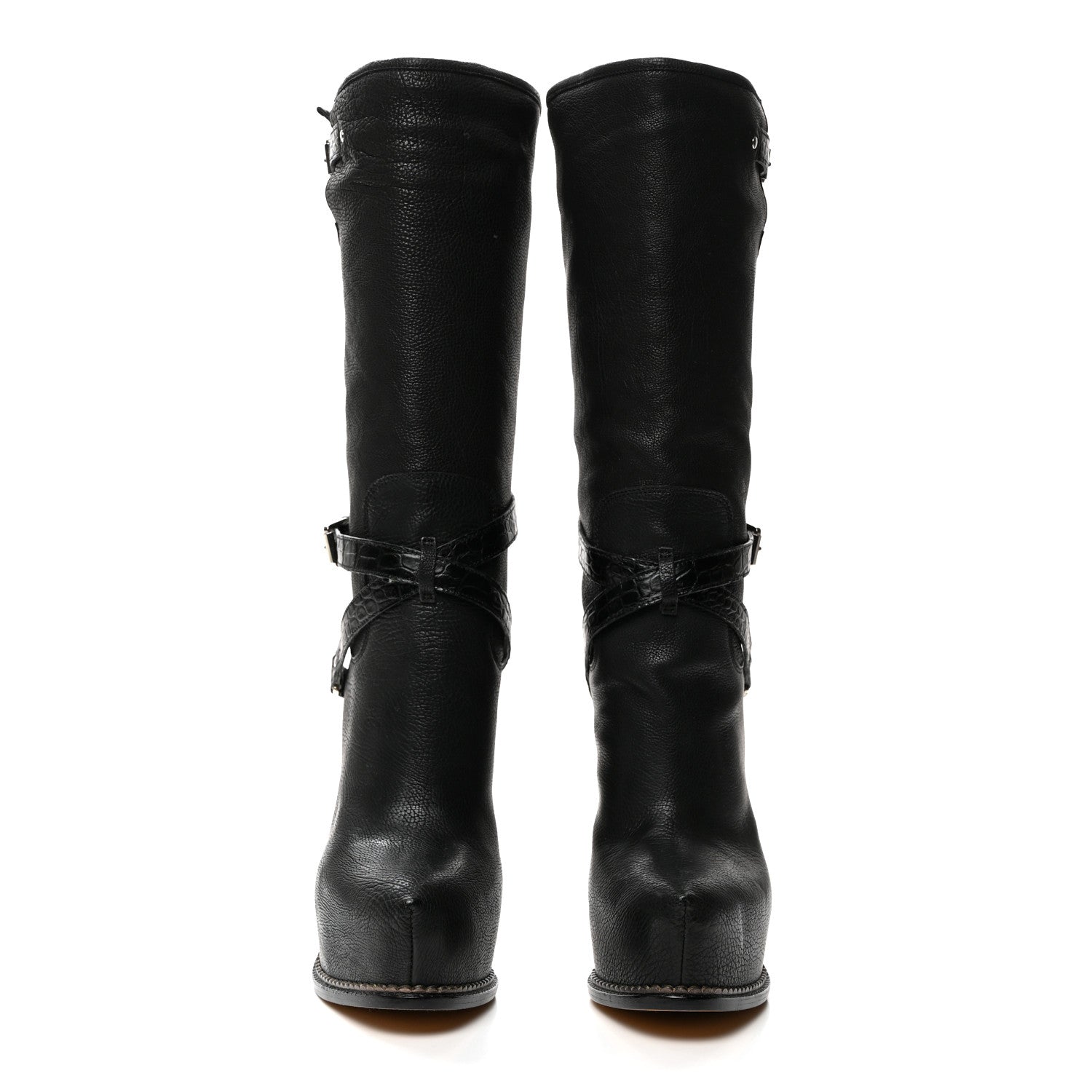 Christian Dior Grained Calfskin Crocodile Embossed Platform Boots 38 Black 2 of 8