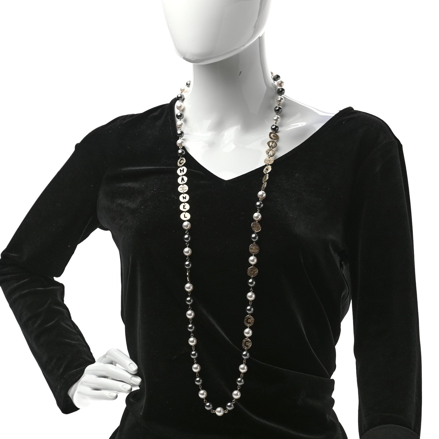 Chanel Pearl Papyrus Long Necklace Gold Pearly White Grey 2 of 5