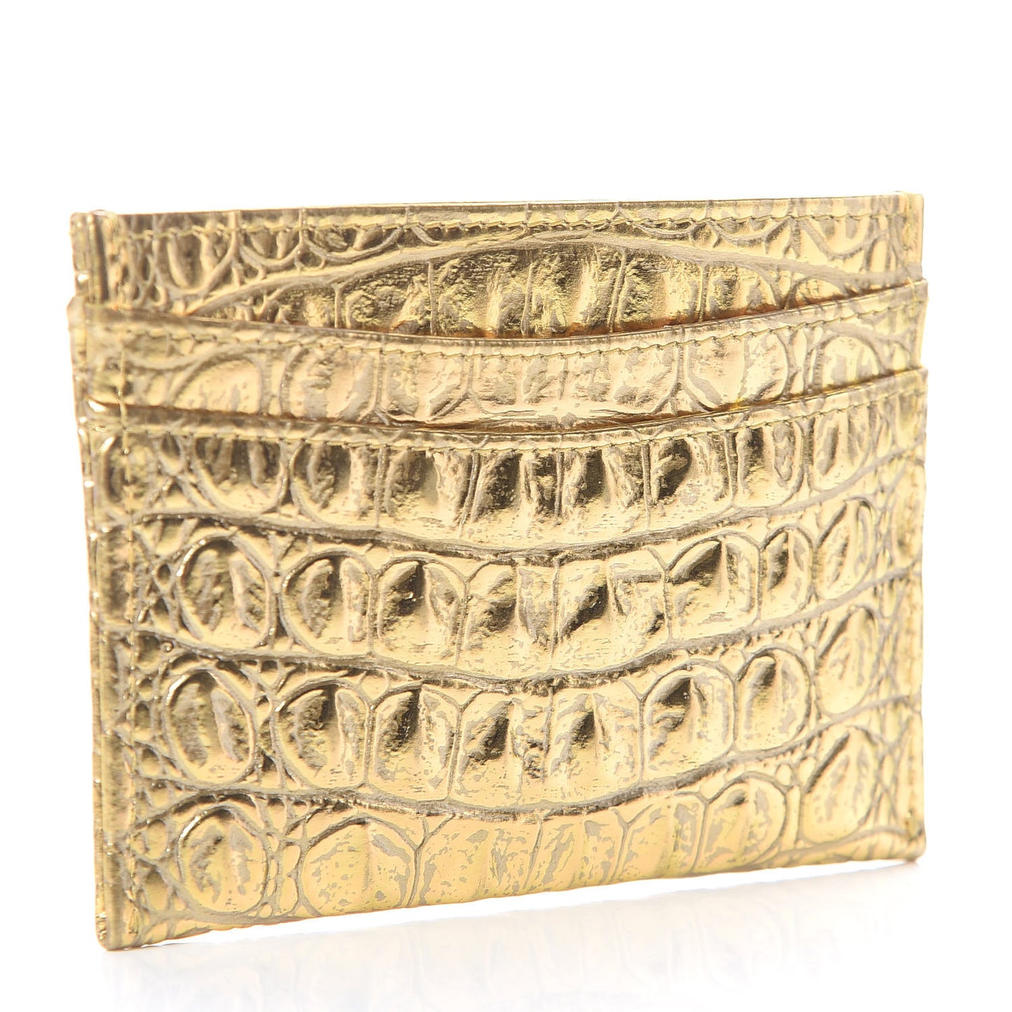 Metallic Calfskin Crocodile Embossed Cocodile Card Holder Gold