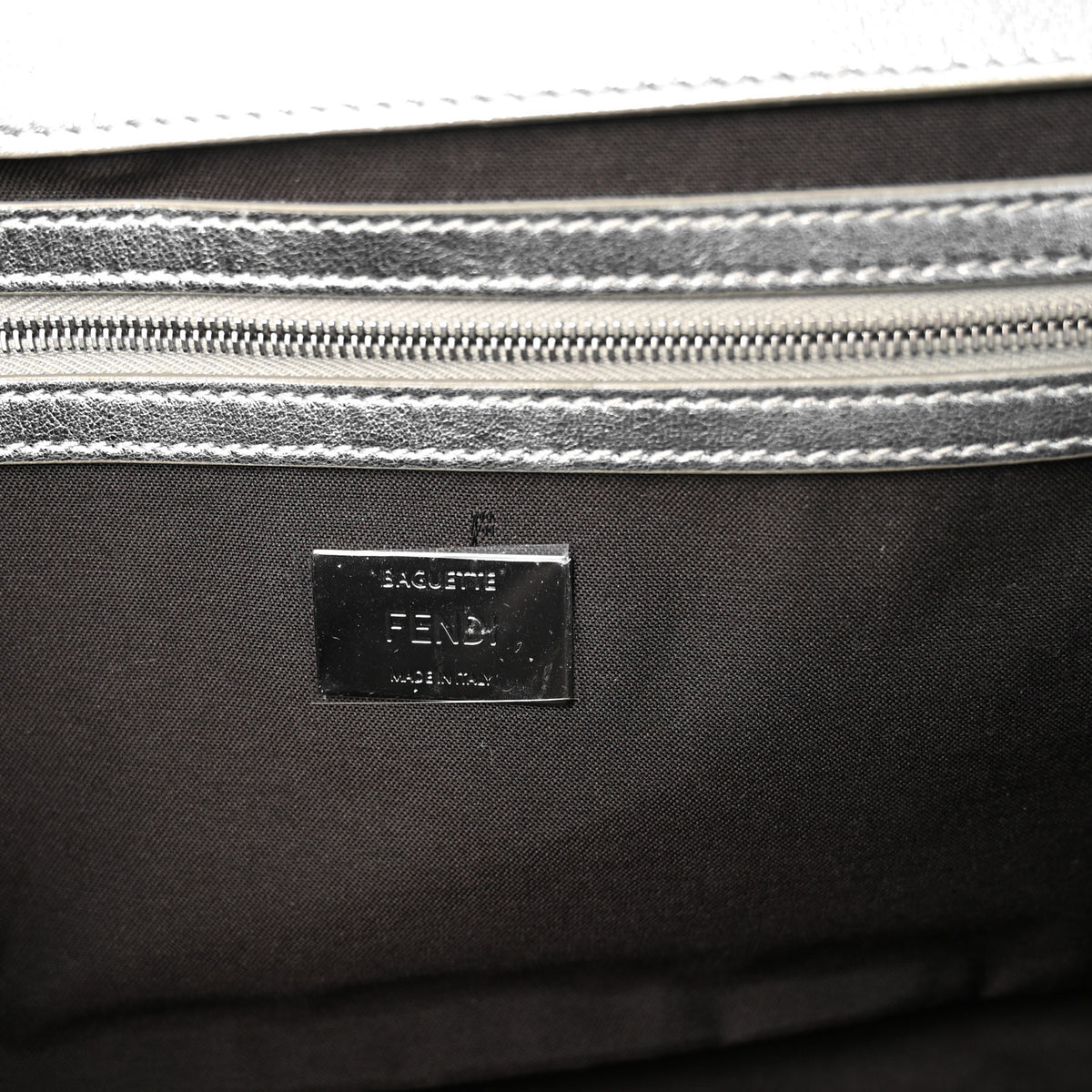 Fendi Vitello Catalan Mirror FF 1974 Embossed Large Baguette Argento 6 of 9