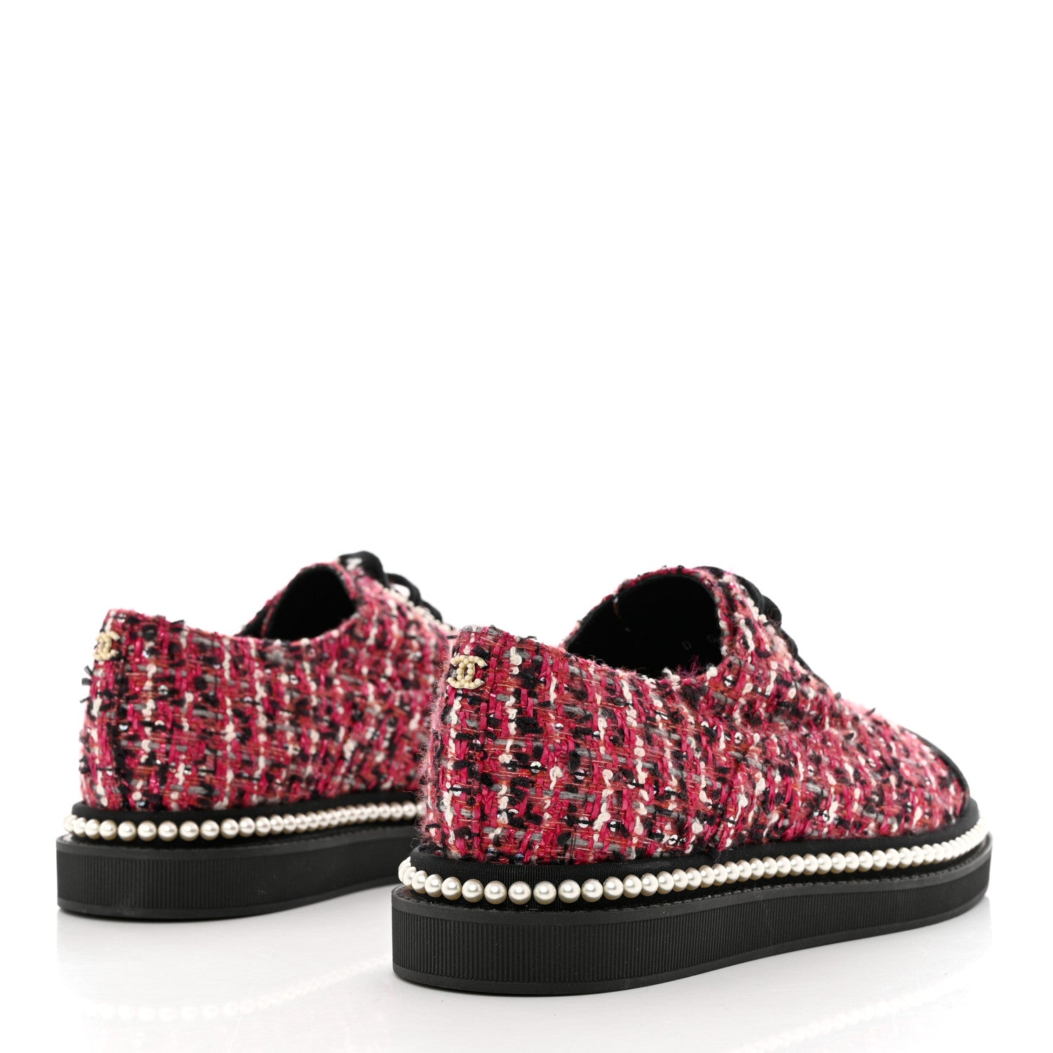 Chanel Tweed Grosgrain Sequin Pearl Lace Up Sneakers 37 Black Pink 4 of 8
