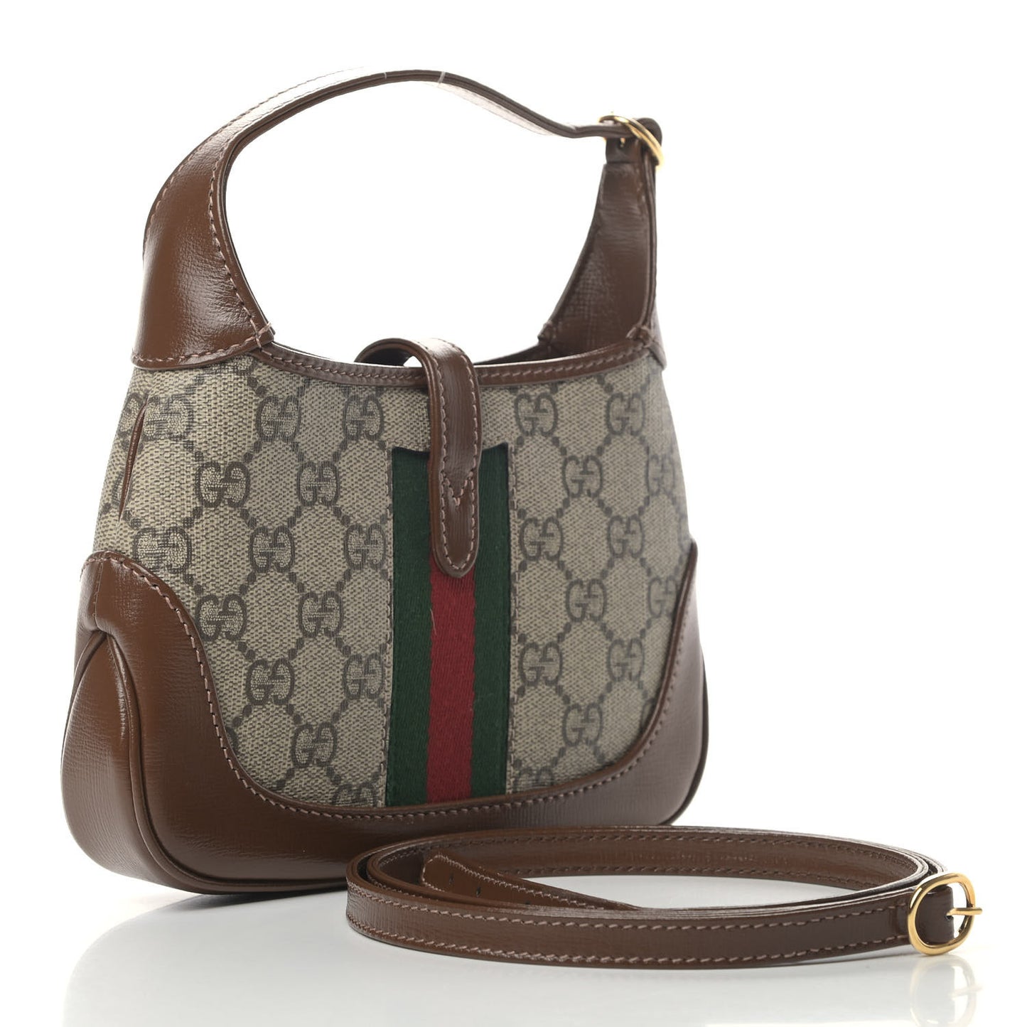 GG Supreme Monogram Azalea Calfskin Web Mini Jackie 1961 Hobo Beige Ebony Brown Sugar