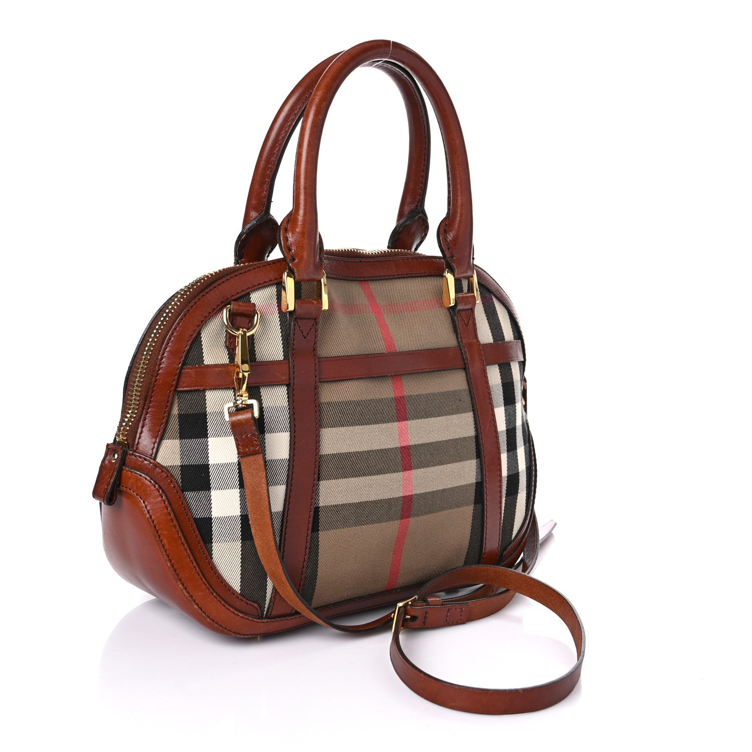 Burberry Bridle Calfskin House Check Small Orchard Bowling Bag Dark Tan 3 of 15