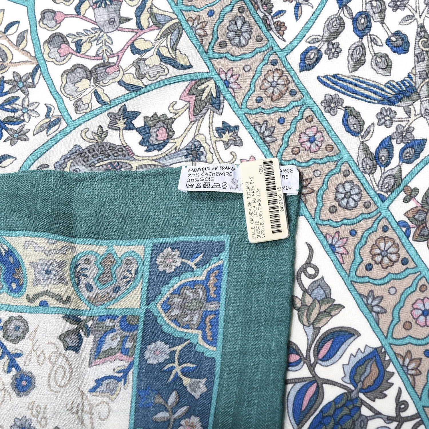 Hermes Cashmere Silk Au Pays Des Oiseaux Fleurs Shawl 140 Vert White Turquoise 4 of 4