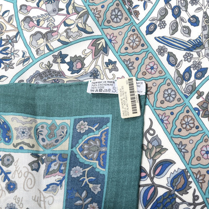 Hermes Cashmere Silk Au Pays Des Oiseaux Fleurs Shawl 140 Vert White Turquoise 4 of 4