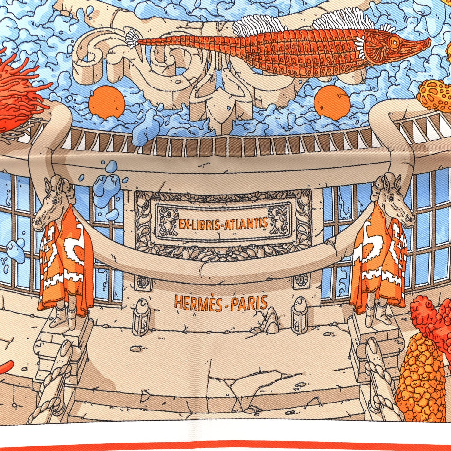 Hermes Vintage Silk Ex Libris Atlantis Scarf 70 Ciel Orange Mastic 2 of 5