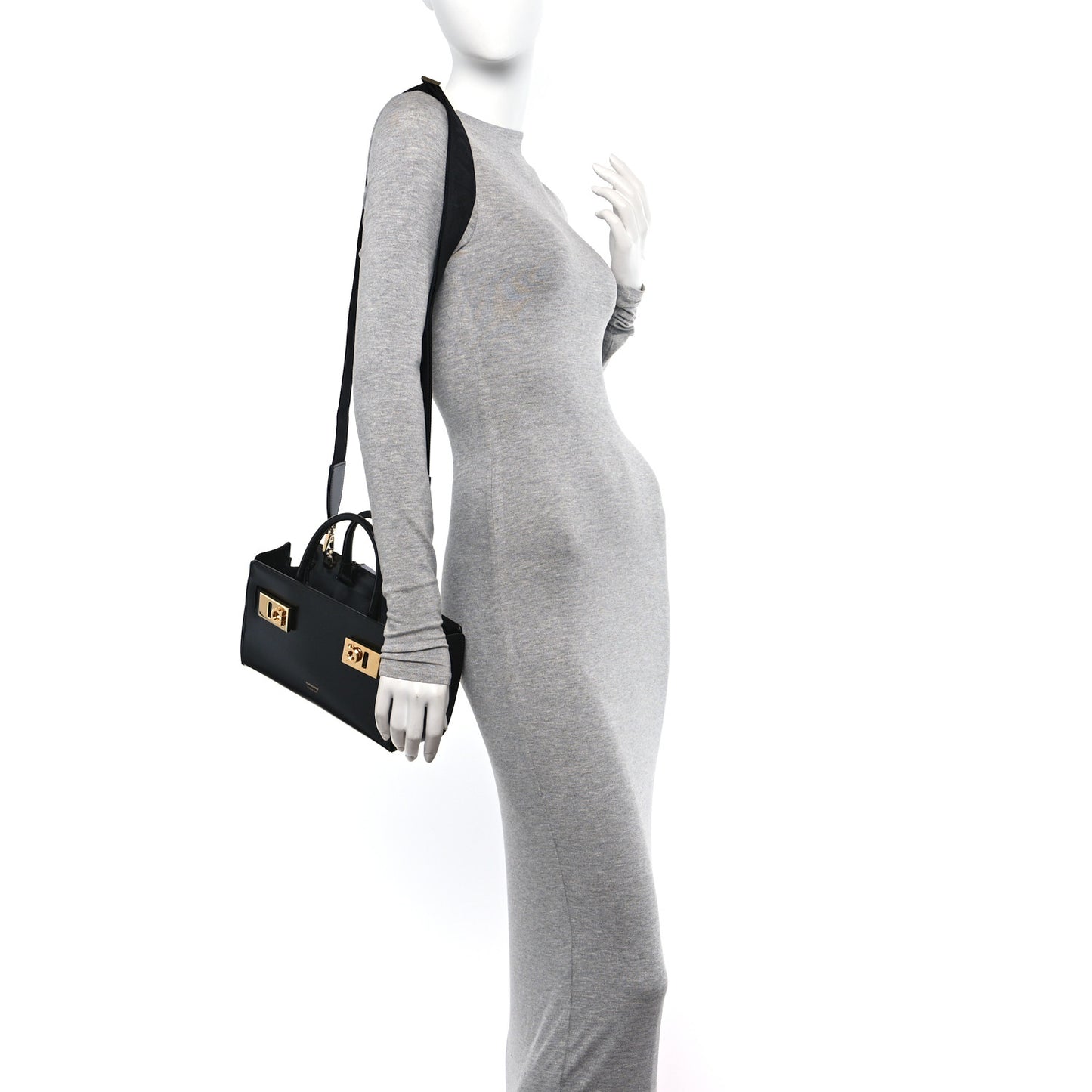 Brushed Off Calfskin Small Gancini Buckles Tote Bag Black
