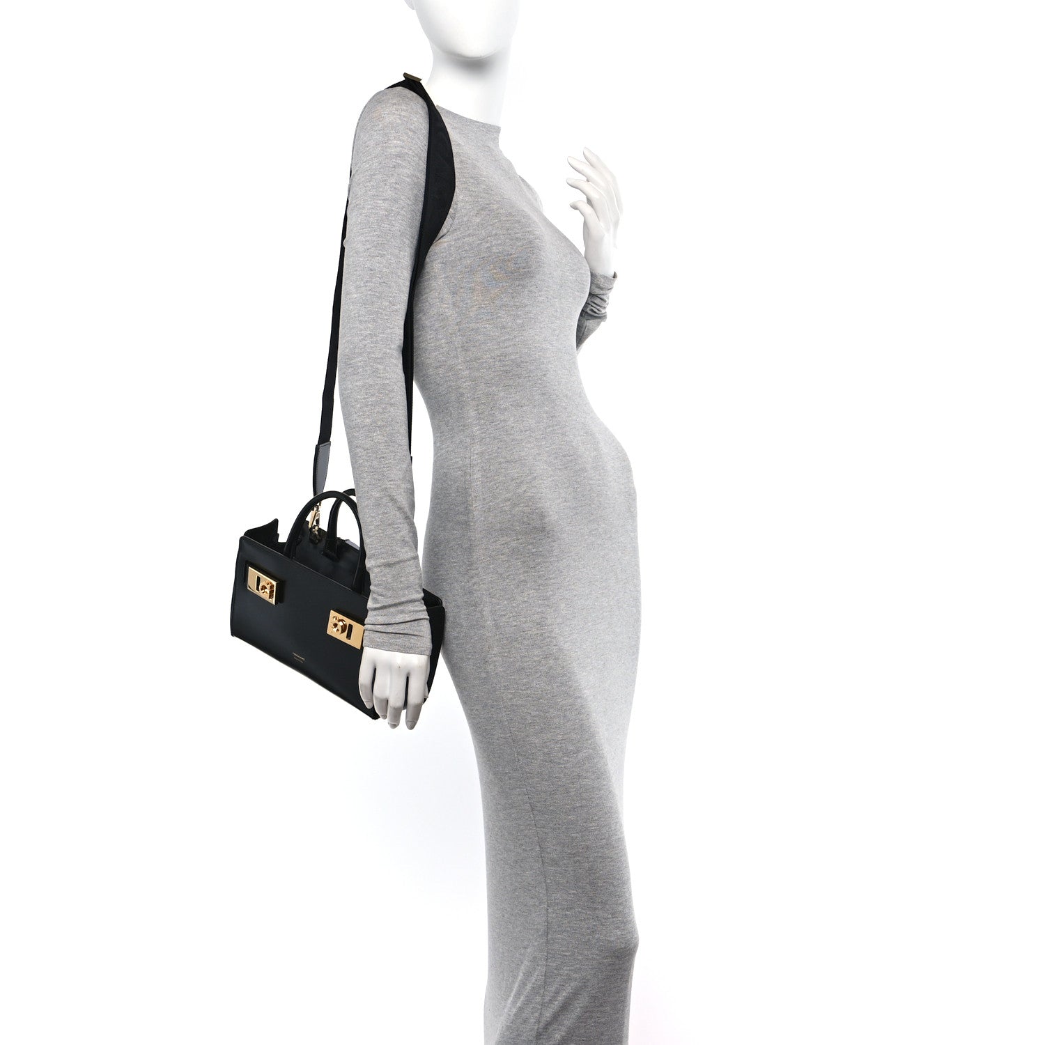 Salvatore Ferragamo Brushed Off Calfskin Small Gancini Buckles Tote Bag Black 2 of 10