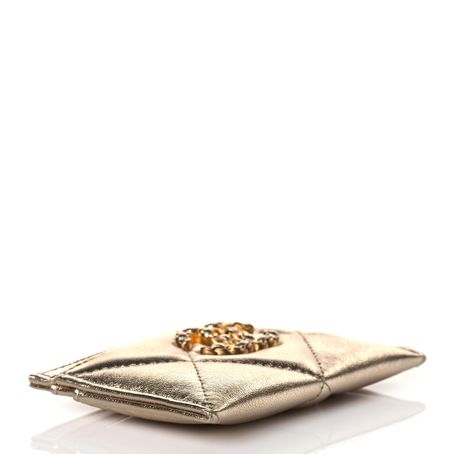 Metallic Lambskin Quilted Chanel 19 Card Holder Gold