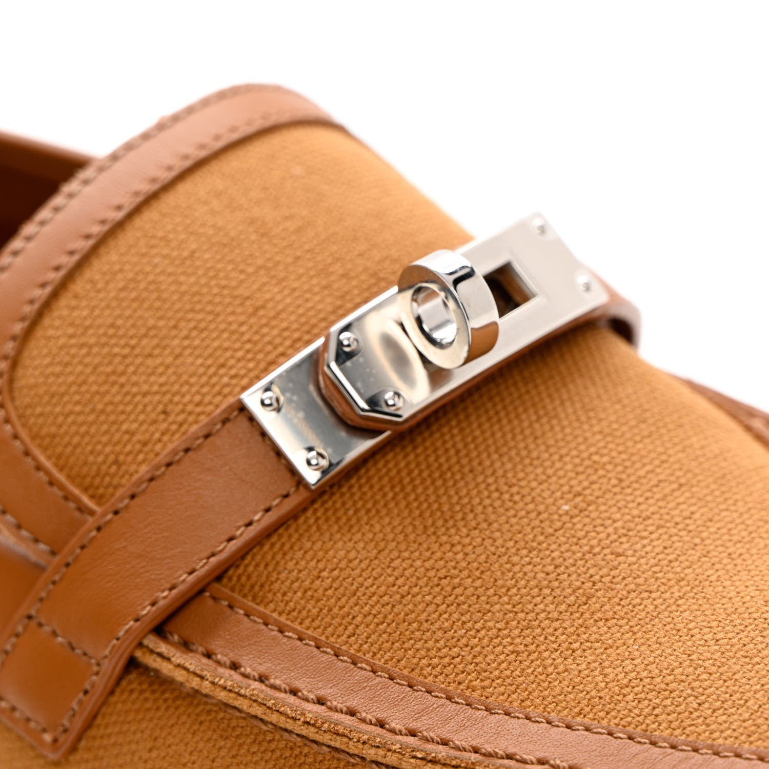 Hermes Calfskin Canvas Womens Destin Loafer 38 Naturel Beige Dore 9 of 12