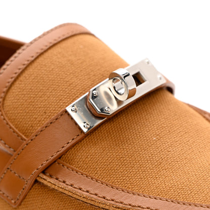 Hermes Calfskin Canvas Womens Destin Loafer 38 Naturel Beige Dore 9 of 12