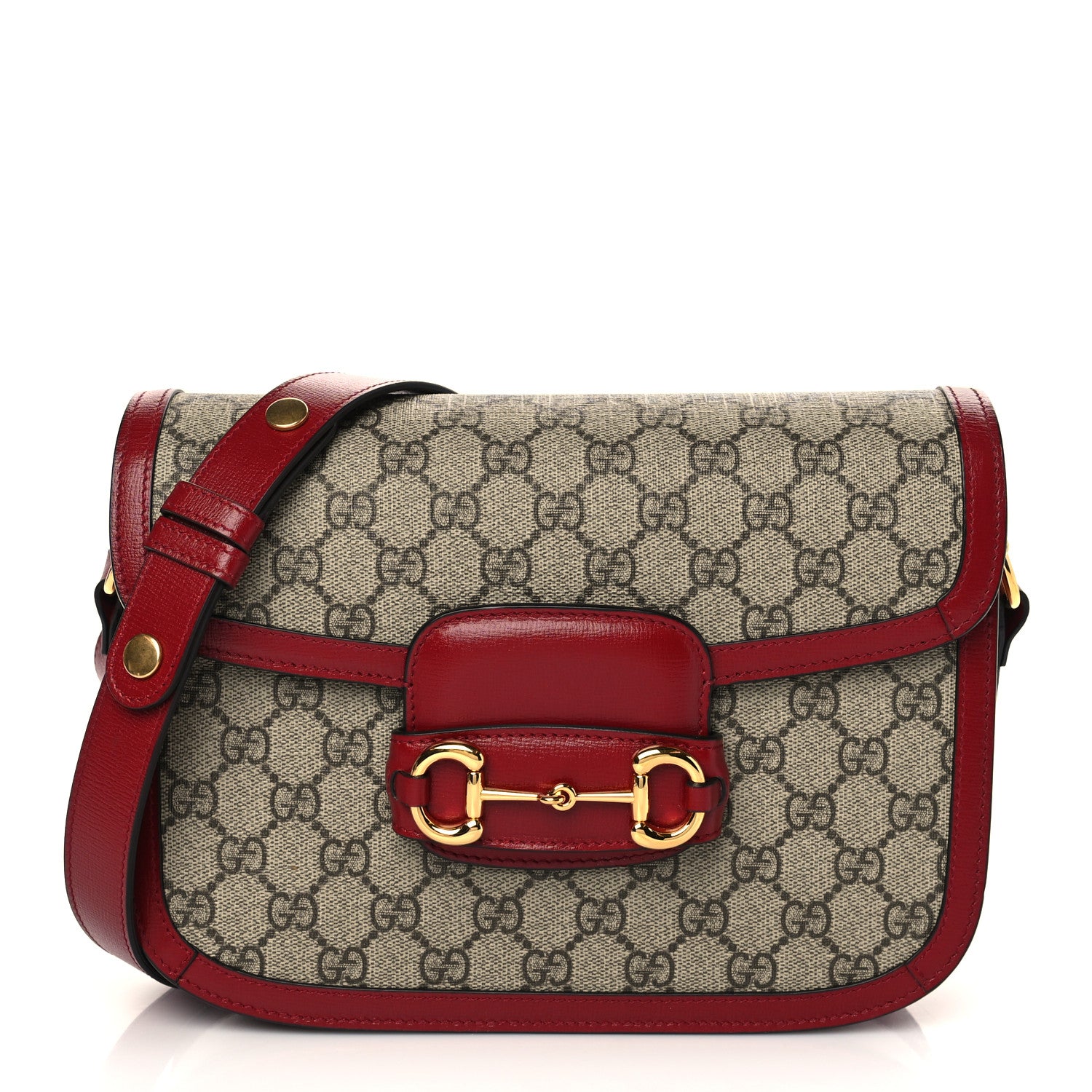 Gucci GG Supreme Monogram Azalea Calfskin Horsebit 1955 Shoulder Bag Beige Ebony New Cherry Red 1 of 6