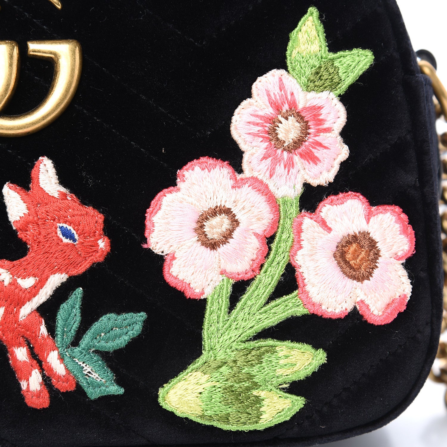 Gucci Velvet Matelasse Deer Embroidered Small GG Marmont Chain Shoulder Bag Black 8 of 10