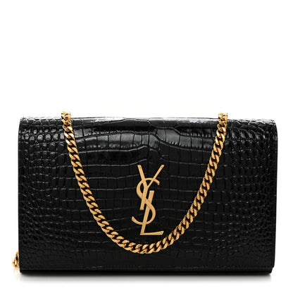 Saint Laurent Calfskin Crocodile Embossed Cassandre Wallet On Chain WOC Black 1 of 11
