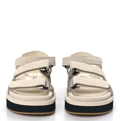 Chanel Suede Calfskin Velcro Flat Sandals 37 Ecru Dark Beige 2 of 8