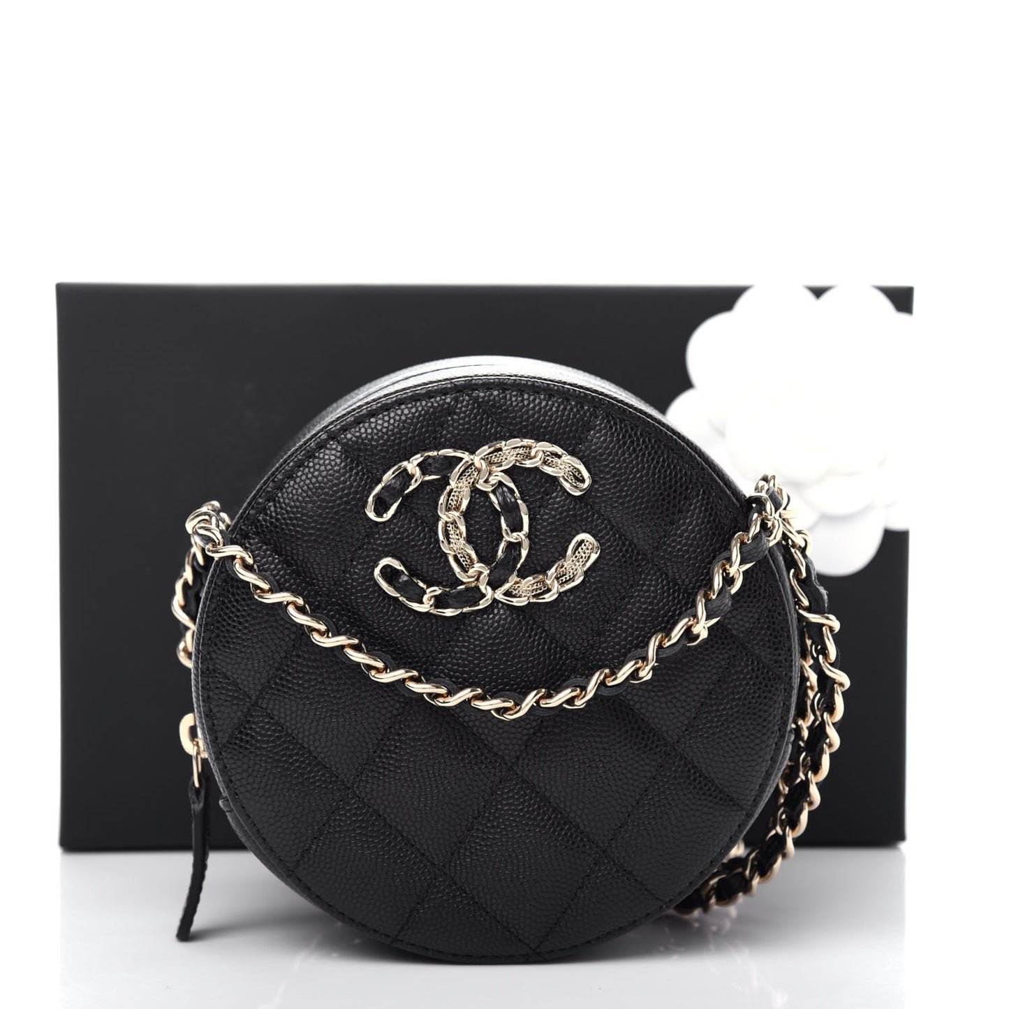 Caviar Quilted French New Wave Round Clutch With Chain Black