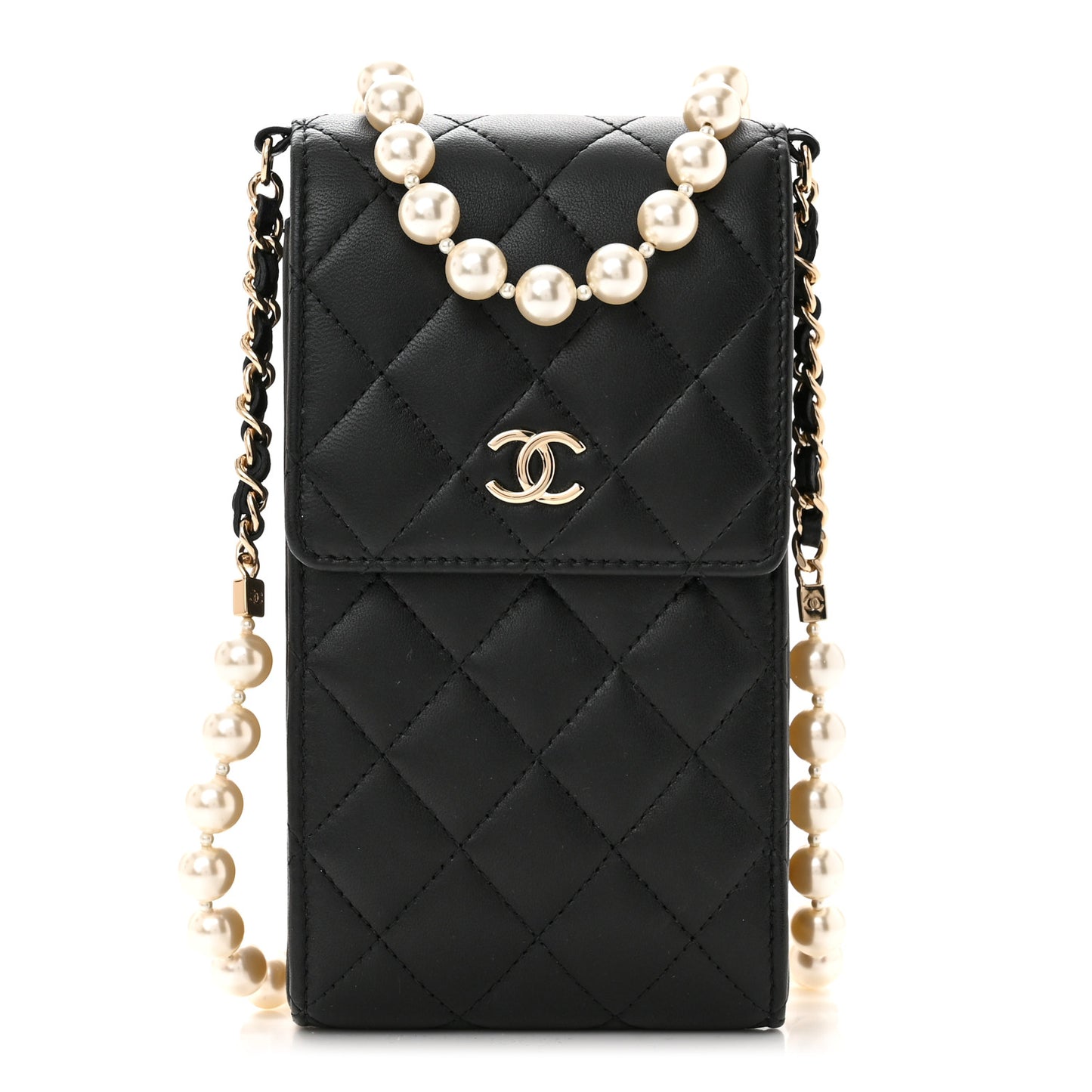 Lambskin Quilted Pearl Phone Holder With Chain Black