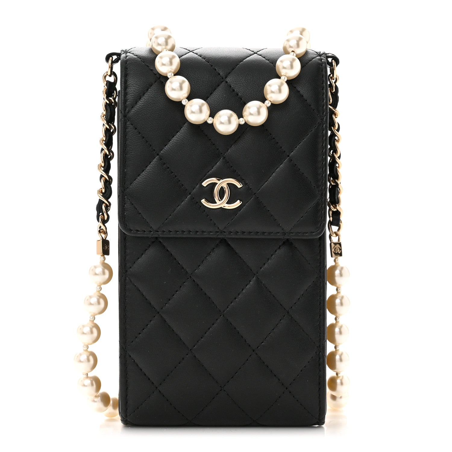 Chanel Lambskin Quilted Pearl Phone Holder With Chain Black 1 of 11