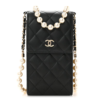 Chanel Lambskin Quilted Pearl Phone Holder With Chain Black 1 of 11