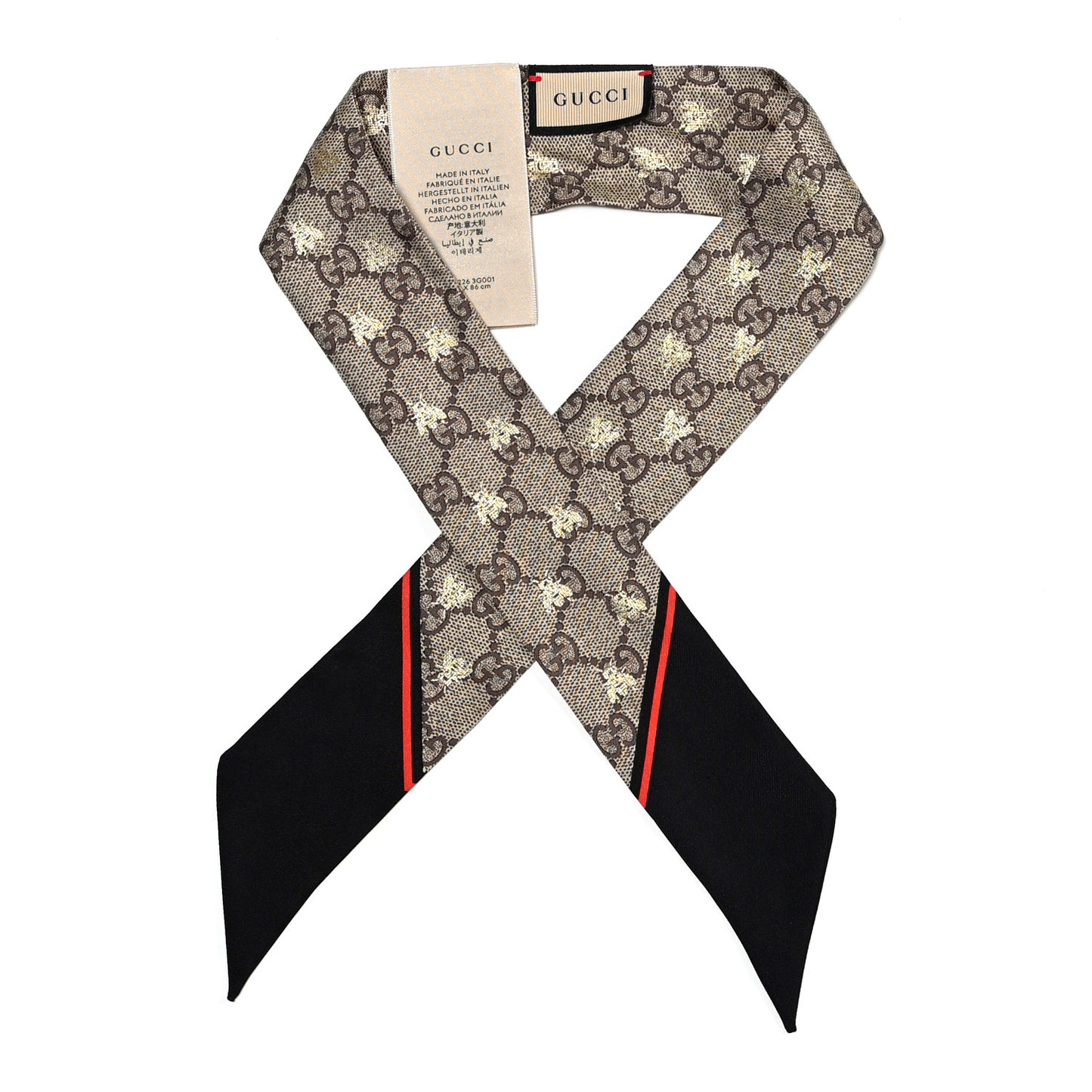 Silk Twill GG Monogram GG Bee Neck Bow Scarf Black Red