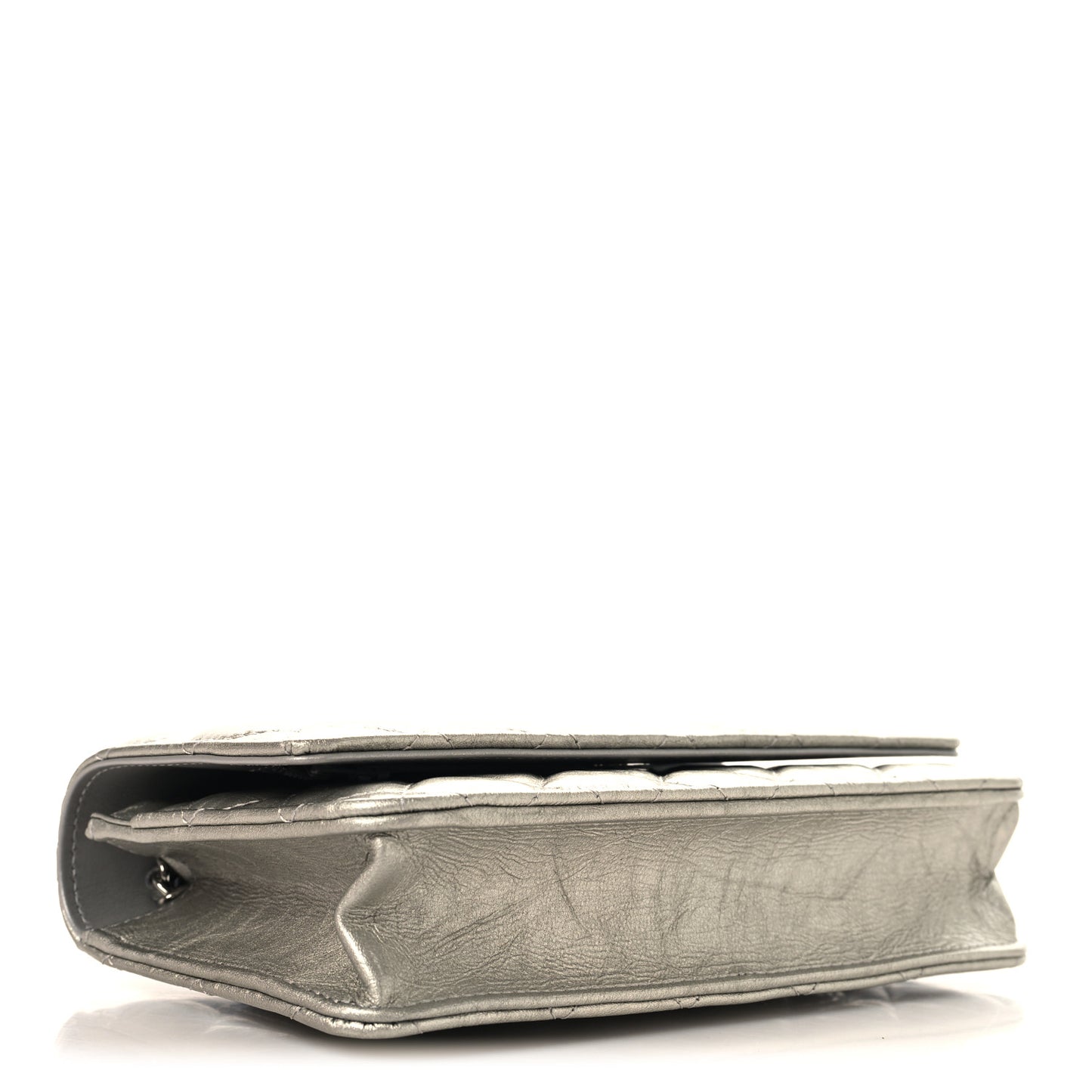 Metallic Crumpled Calfskin Quilted Flap Charm Wallet On Chain WOC Silver