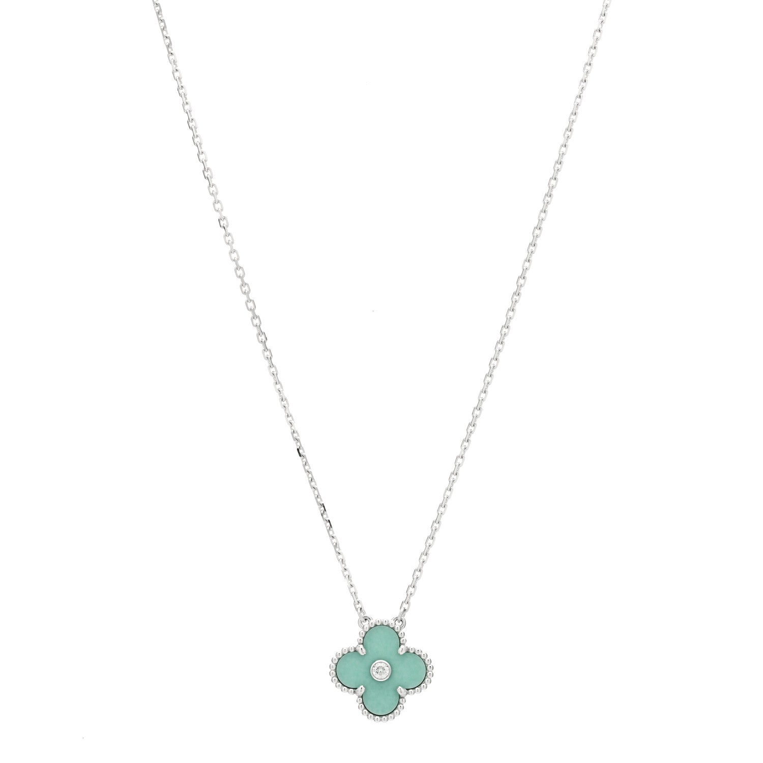 Van Cleef & Arpels 18K White Gold Diamond Celadon Green Sevres Porcelain Vintage Alhambra Pendant Necklace 1 of 5