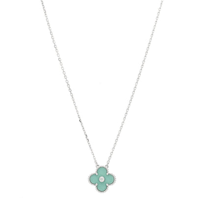 Van Cleef & Arpels 18K White Gold Diamond Celadon Green Sevres Porcelain Vintage Alhambra Pendant Necklace 1 of 5