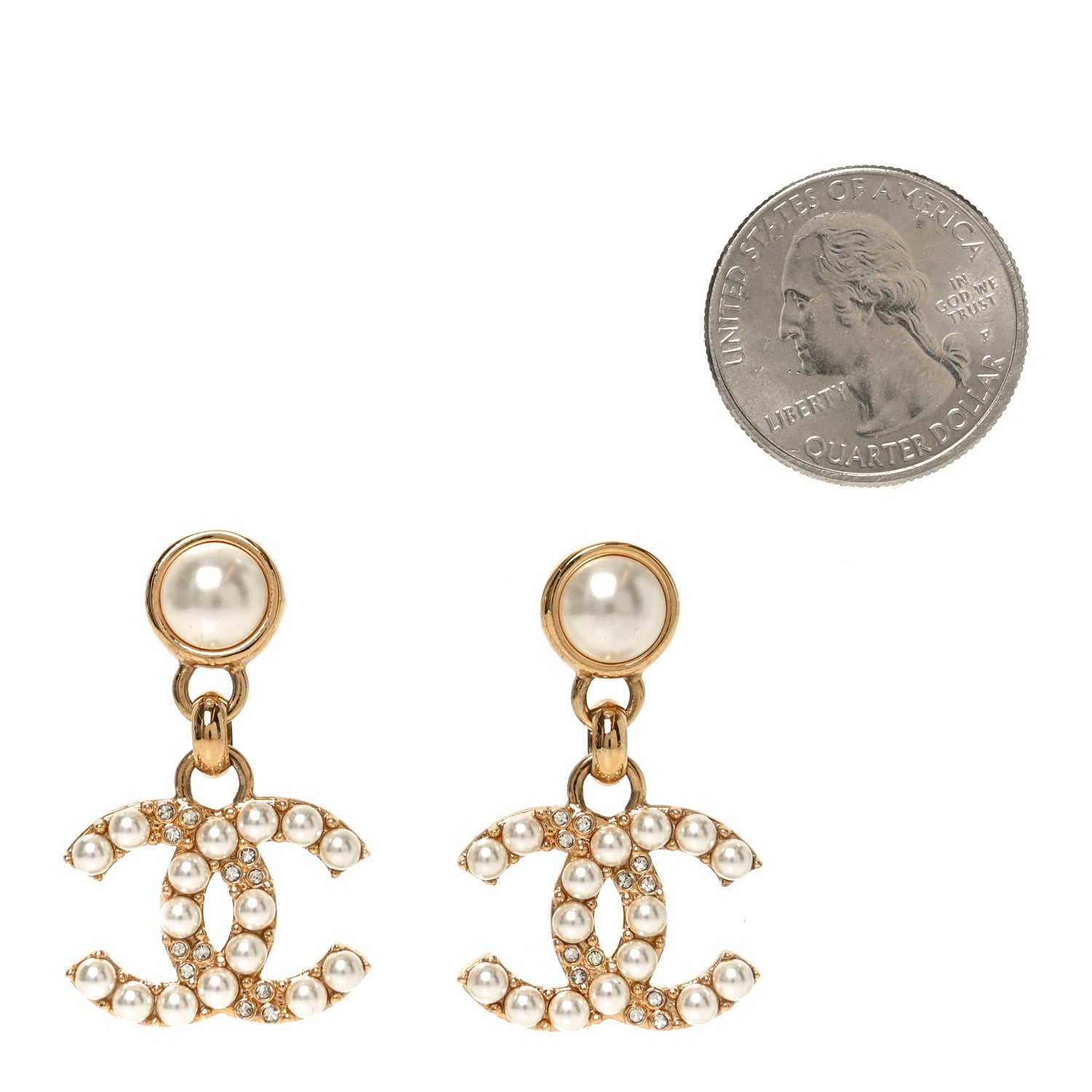 Chanel Metal Crystal Pearl CC Pendant Earrings Gold 2 of 4