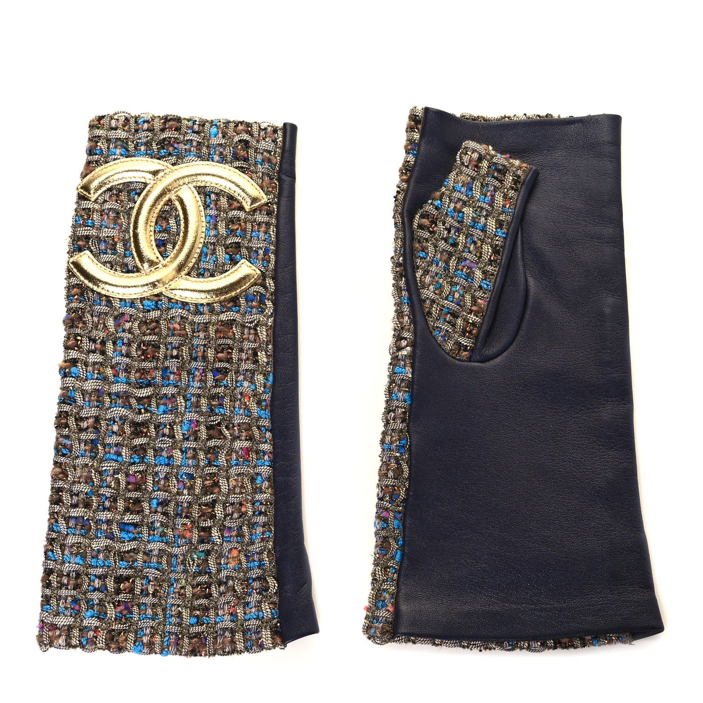 Lambskin Tweed CC Fingerless Gloves 8.5 Dark Grey Blue Gold