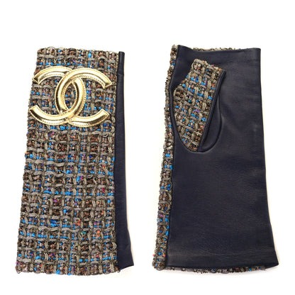 Chanel Lambskin Tweed CC Fingerless Gloves 8.5 Dark Grey Blue Gold 1 of 5