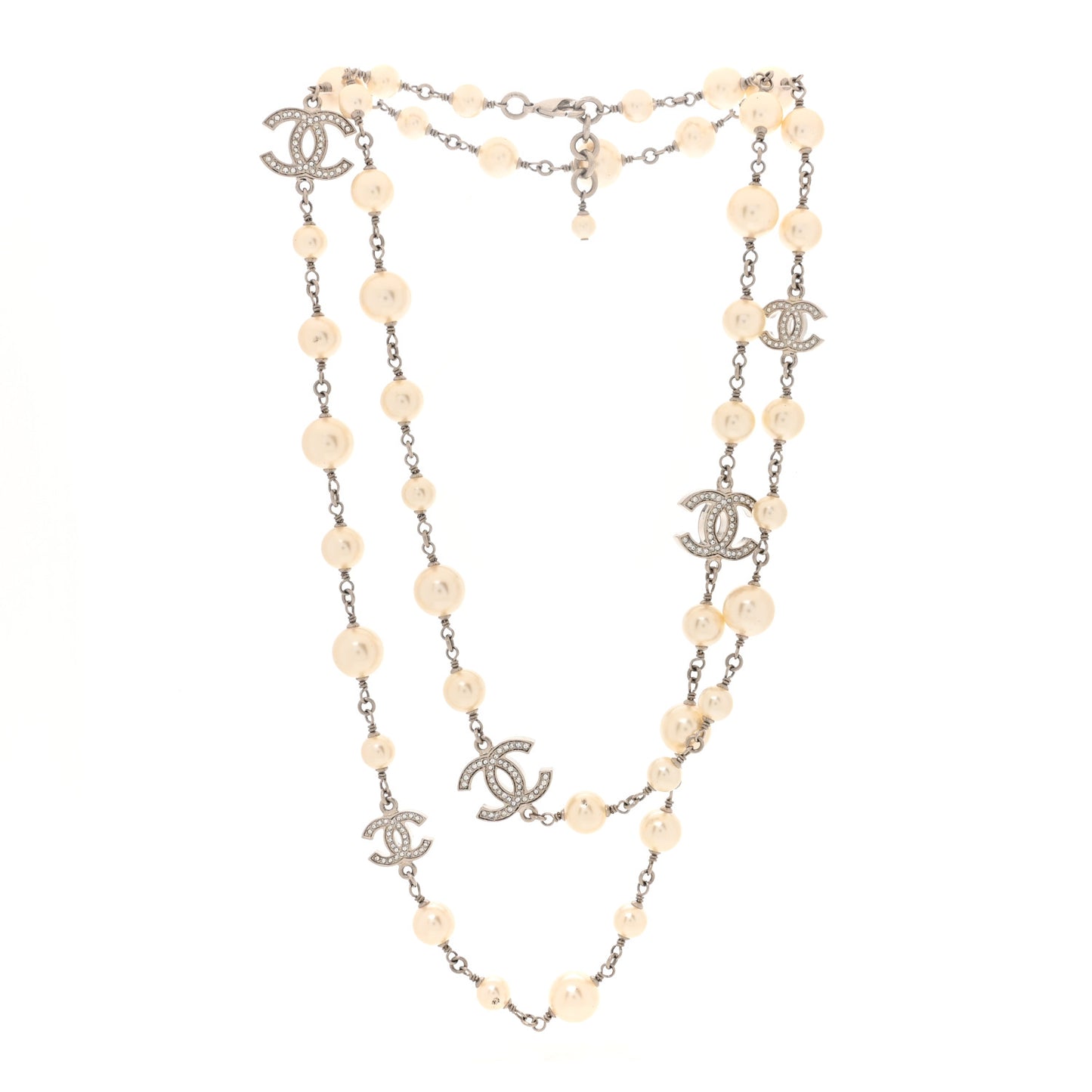 Graduated Pearl Crystal CC Long Necklace Silver