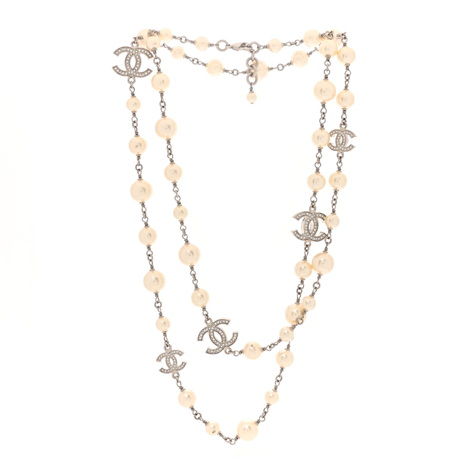 Chanel Graduated Pearl Crystal CC Long Necklace Silver 3 of 4