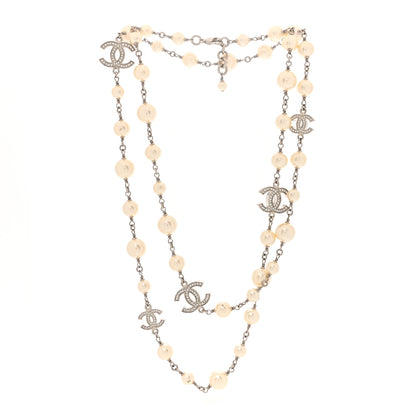 Chanel Graduated Pearl Crystal CC Long Necklace Silver 3 of 4
