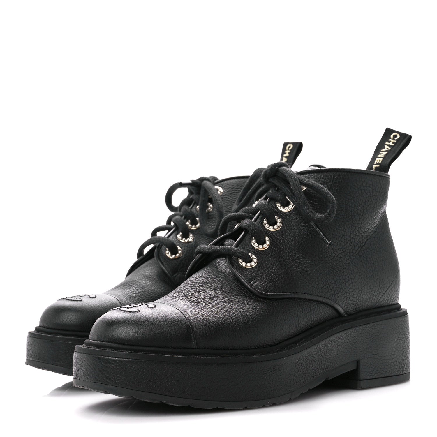 Chanel Shiny Calfskin Pearl Lace Up Combat Short Boots 36.5 Black 3 of 9