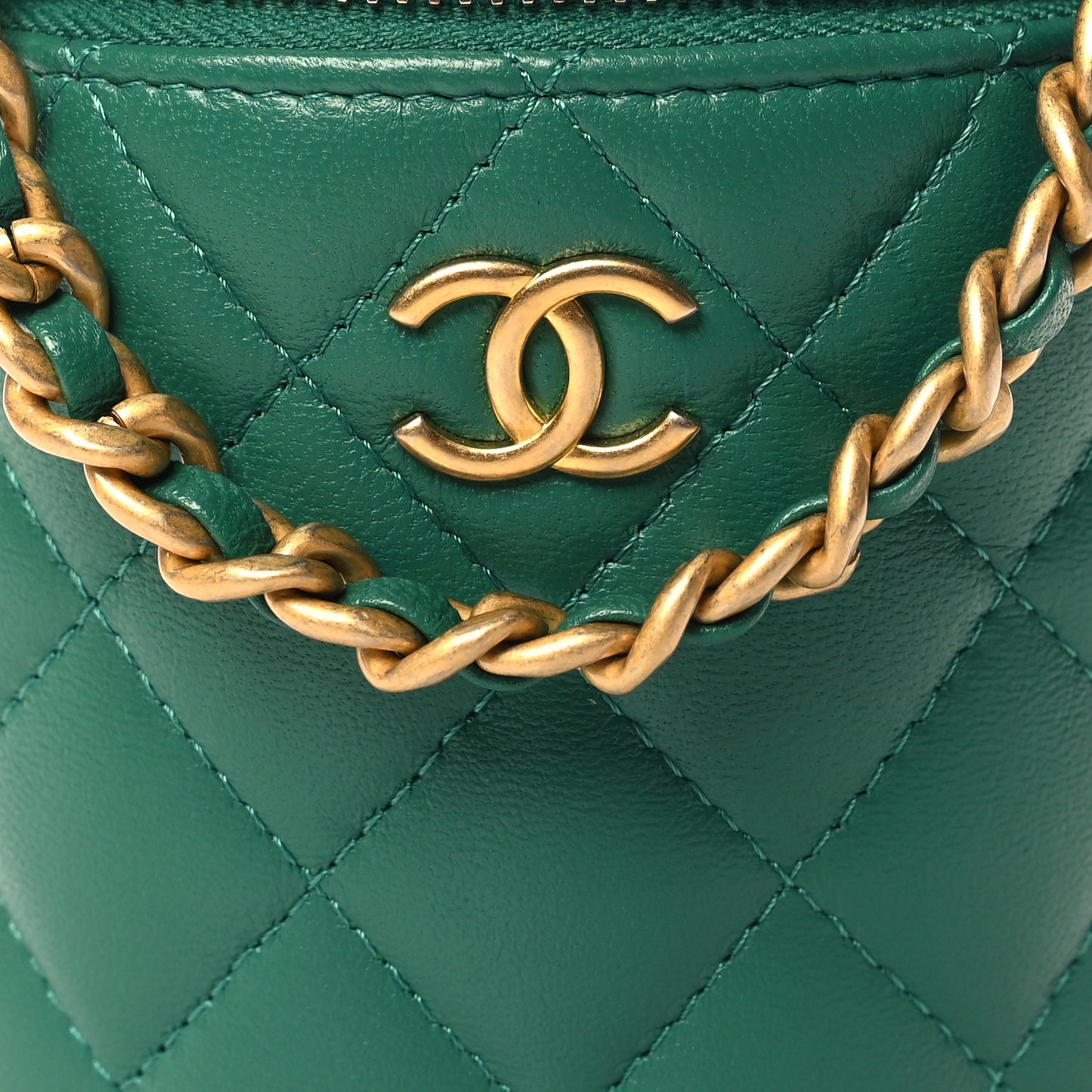 Lambskin Quilted Afternoon Tea Top Handle Vanity Case With Chain Green