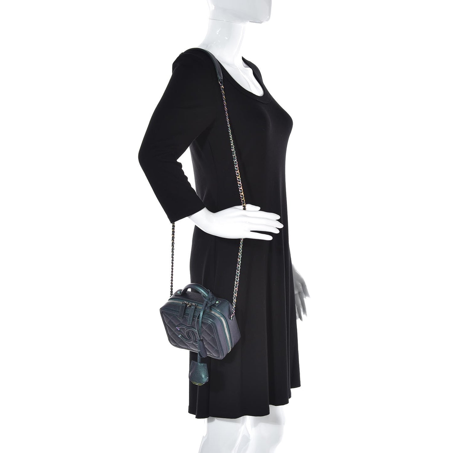 Iridescent Caviar Quilted Small CC Filigree Vanity Case Dark Turquoise