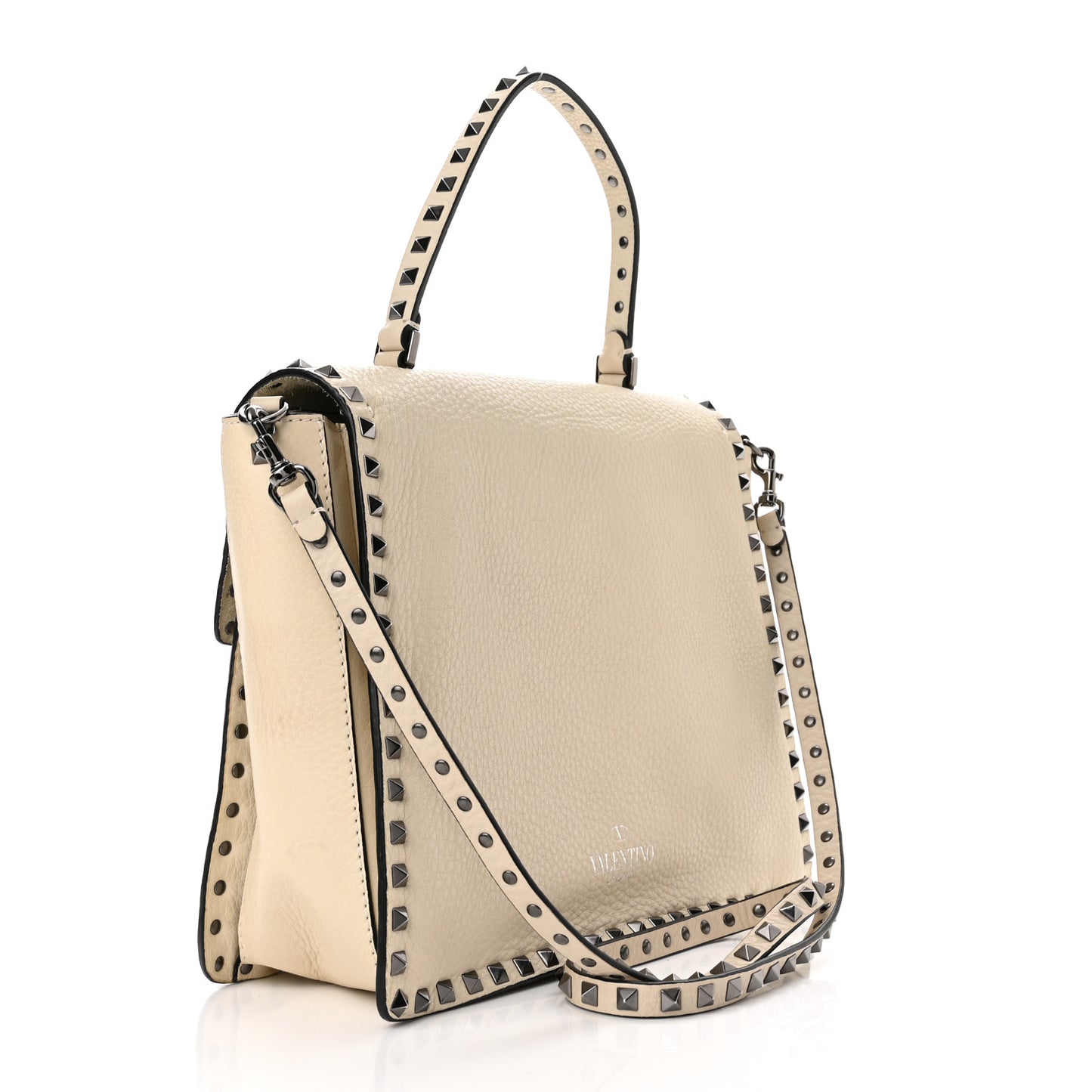 Grained Calfskin Rockstud Top Handle Flap Shoulder Bag Light Ivory