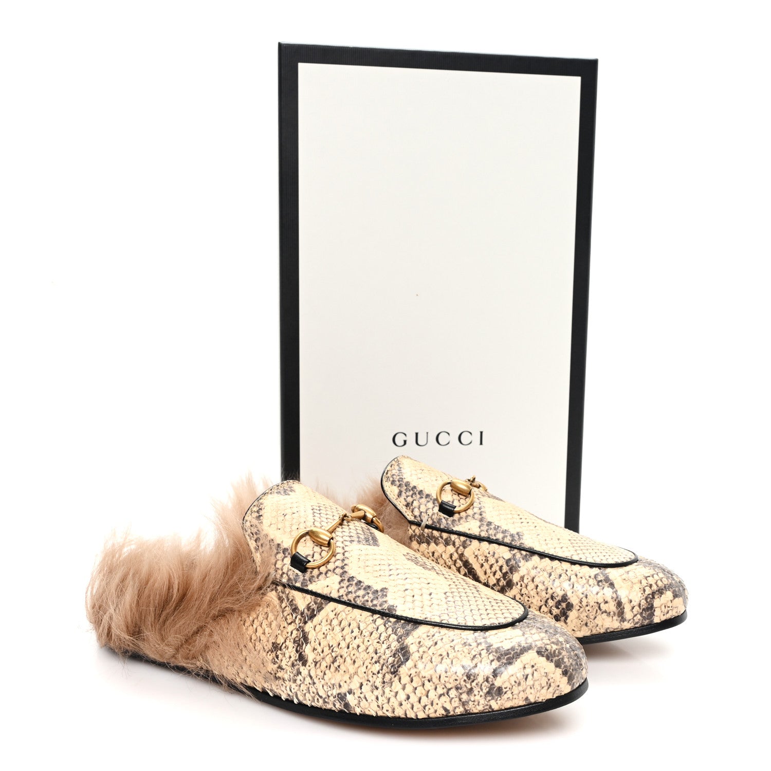 Gucci Snakeskin Fur Womens Princetown Slippers 37.5 Black Natural