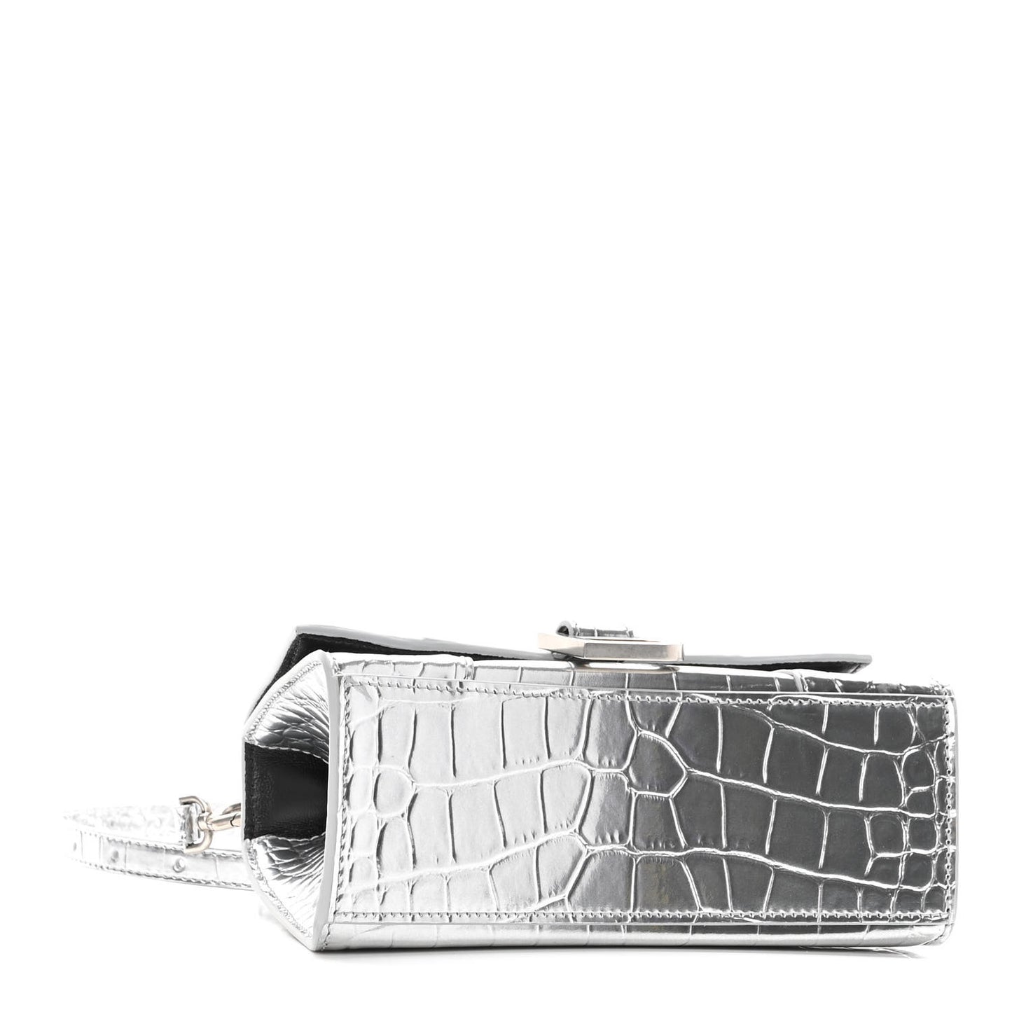 Metallic Calfskin Crocodile Embossed Hourglass Top Handle Bag XS Silver