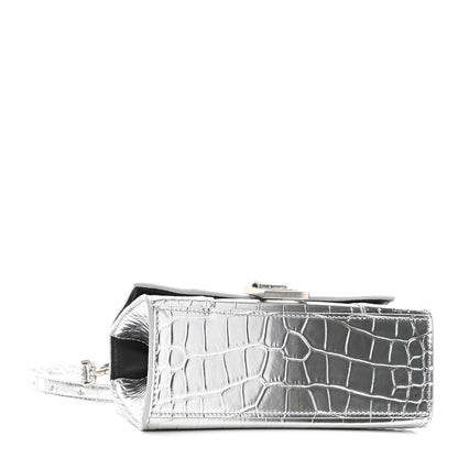 Balenciaga Metallic Calfskin Crocodile Embossed Hourglass Top Handle Bag XS Silver 4 of 9