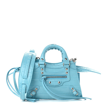Balenciaga Calfskin Crocodile Embossed Neo Classic Silver Hardware Nano City Crossbody Azur 1 of 8