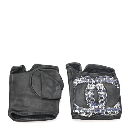 Chanel Lambskin Tweed CC Fingerless Gloves 7.5 Black 1 of 4