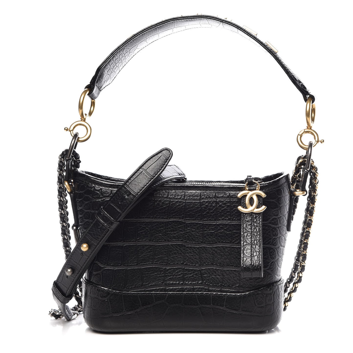 Calfskin Crocodile Embossed Small Gabrielle Cocodile Hobo Black