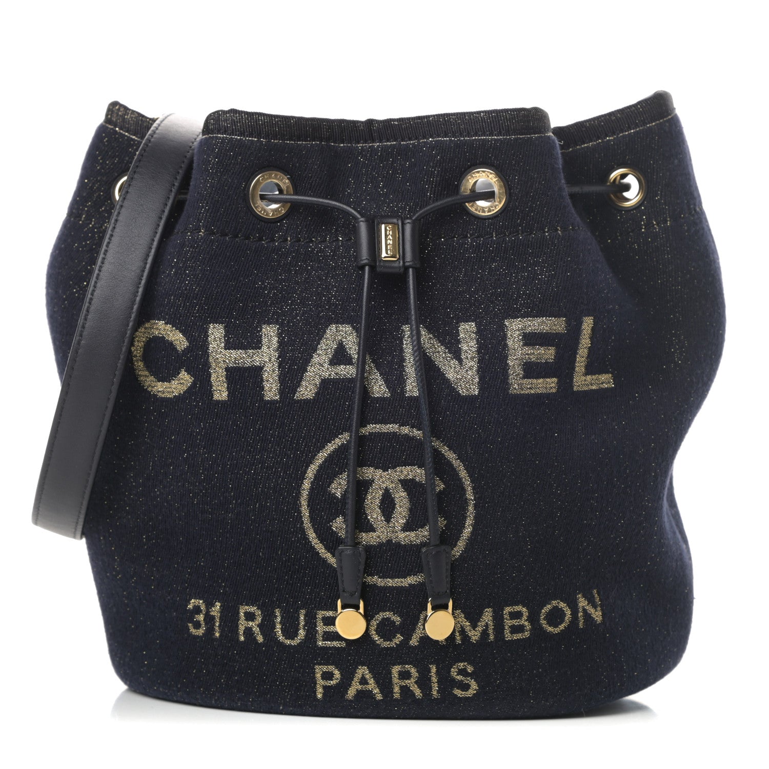 Chanel Lurex Canvas Deauville Drawstring Bag Navy Blue Gold 1 of 10