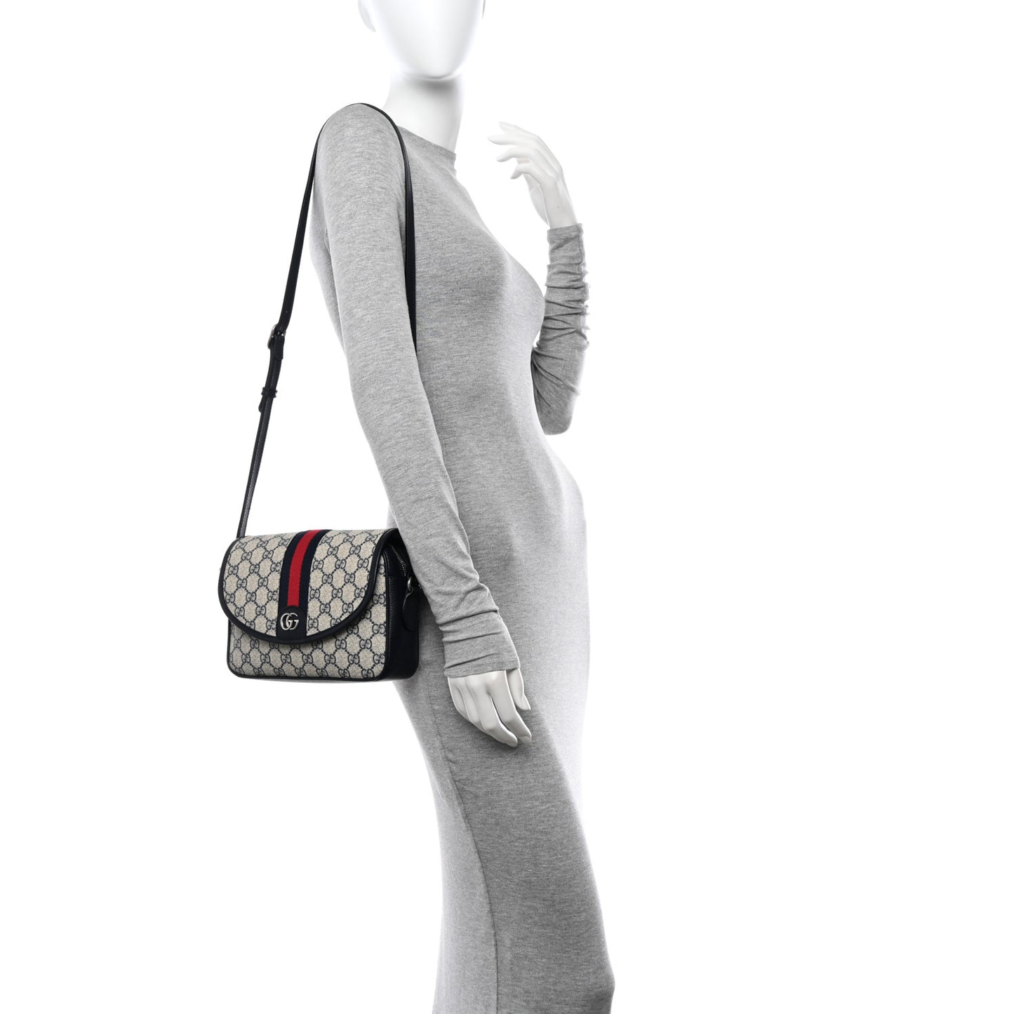 GG Supreme Monogram Textured Dollar Calfskin Web Studded Mini Ophidia Flap Shoulder Bag Beige Blue
