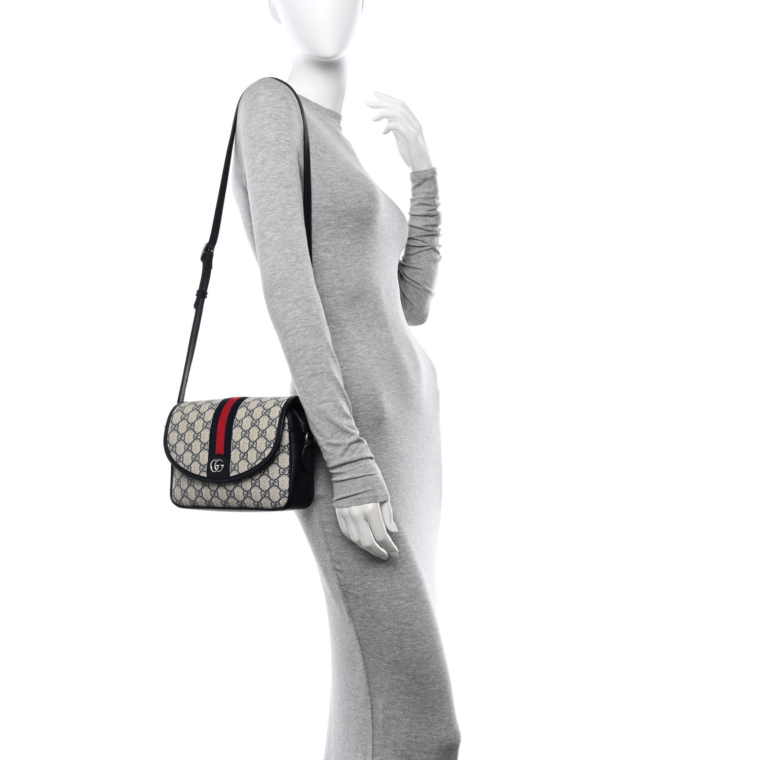 Gucci GG Supreme Monogram Textured Dollar Calfskin Web Studded Mini Ophidia Flap Shoulder Bag Beige Blue 3 of 10