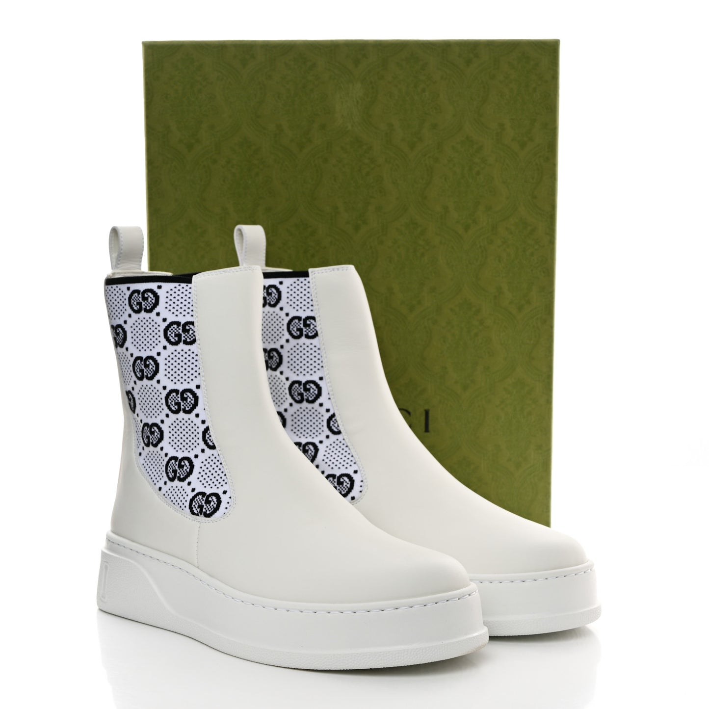 Dali Soft Calfskin Technical Jersey Knit GG Monogram Ankle Boots 40.5 White Great White Black