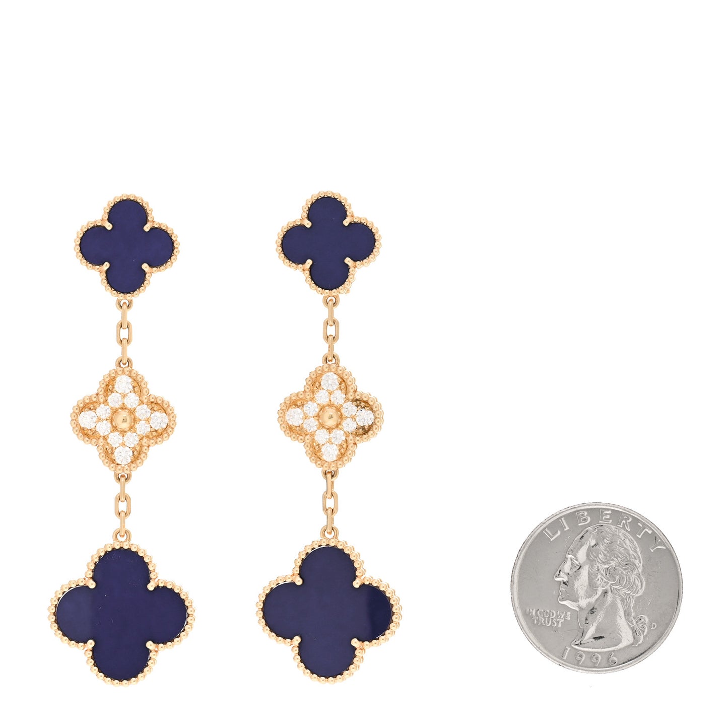 18K Yellow Gold Diamond Blue Sevres Porcelain 3 Motifs Vintage Alhambra Vendome Earrings